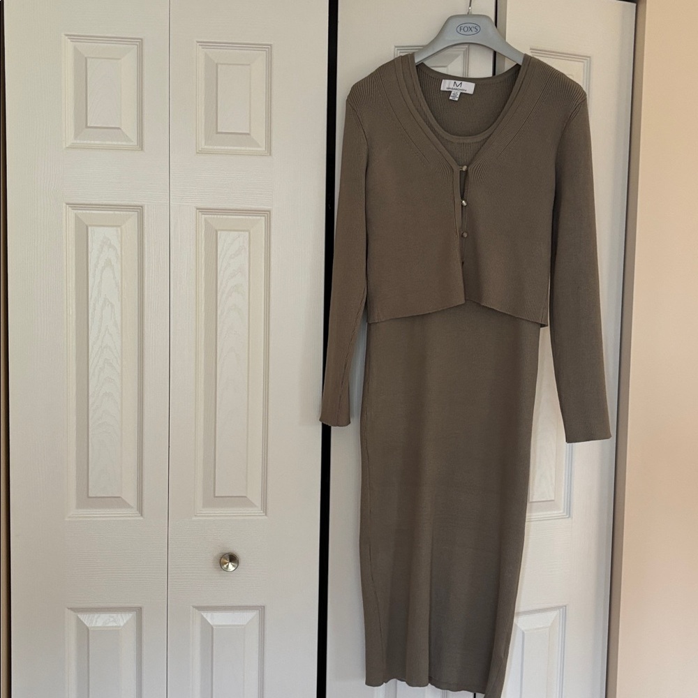 Magaschoni Olive Knit Dress and Cardigan Set